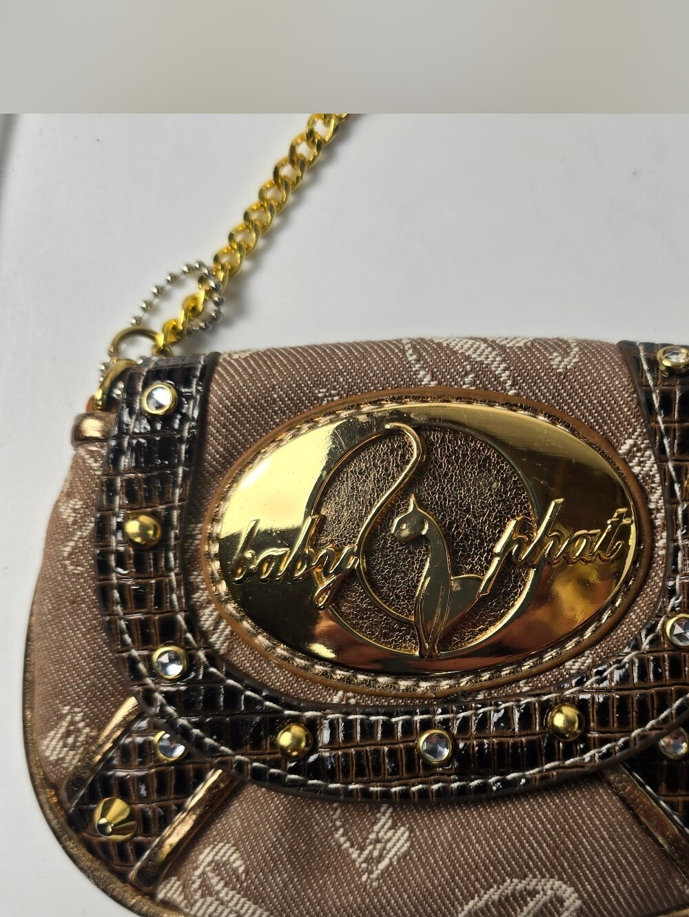 Baby Phat Vintage Y2K Mini Canvas Logo Crossbody Bag Gold Tone Chain